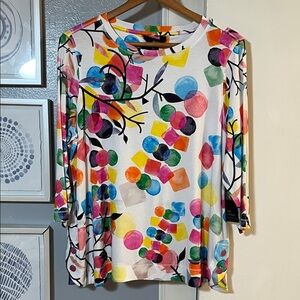 Ali Miles Women’s Petite Size PL Colorful Abstract 3/4 Length Sleeve Top NWT